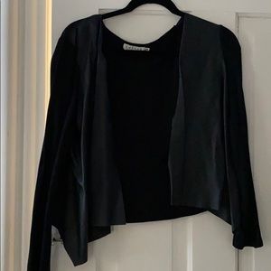Velvet drape front faux leather open cardigan